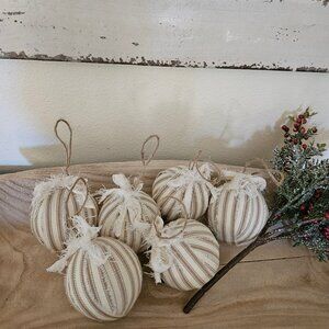 Handmade Old Fashioned Primitive Tan Striped Ticking Fabric Rag Tree Ornaments